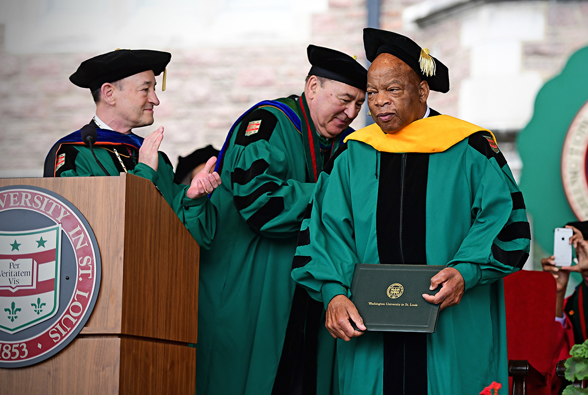 Members of the Washington University in St. Louis Class of 2016 joined family, friends and other members of the university family for Washington University's 155th Commencement Ceremony in the Brookings Quadrangle in St. Louis Friday, May 20, 2016. Chancellor Mark S. Wrighton led the ceremony, with US Rep. John Lewis (D-Ga.) serving as Commencement speaker, with honorary degrees being presented to Lewis, Euclid Williamson, Paula Kerger, Staffan Normark, MD, and Stephen Brauer. Student speakers were Christine Lung and Ashley Macrander. Photo by James Byard / WUSTL Photos