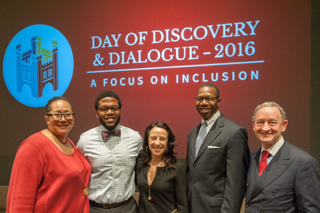 Lawrence Benjamin was among those who led discussions on diversity and inclusion during Washington University’s Day of Discovery & Dialogue in February. From the left: Vice Provost Adrienne Davis; Benjamin; Maria Hinojosa, award-winning NPR and PBS journalist; Will Ross, MD, associate dean for diversity; and Chancellor Mark S. Wrighton.