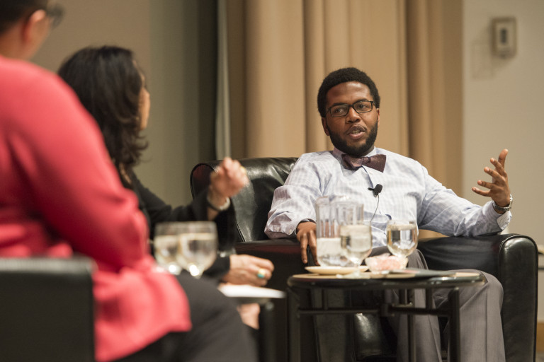 Lawrence Benjamin, participating in a panel discussion, offers his perspective on diversity and inclusion during the Day of Discovery & Dialogue at Washington University in February. Benjamin will earn his medical degree in May from the School of Medicine.